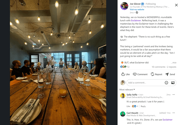 B2B influencer marketing post example by Joe Glover