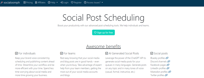 Homepage of the social media auto poster tool SocialOomph