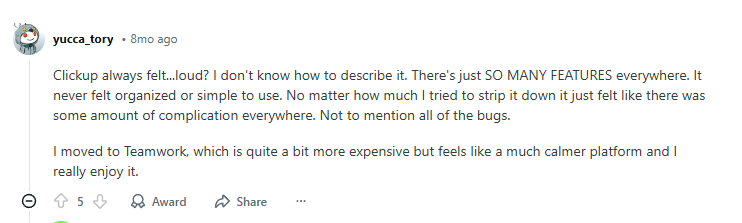 Example of customer feedback on Reddit about ClickUp 