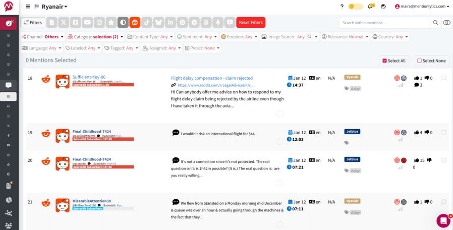 Reddit mentions monitoring in Mentionlytics