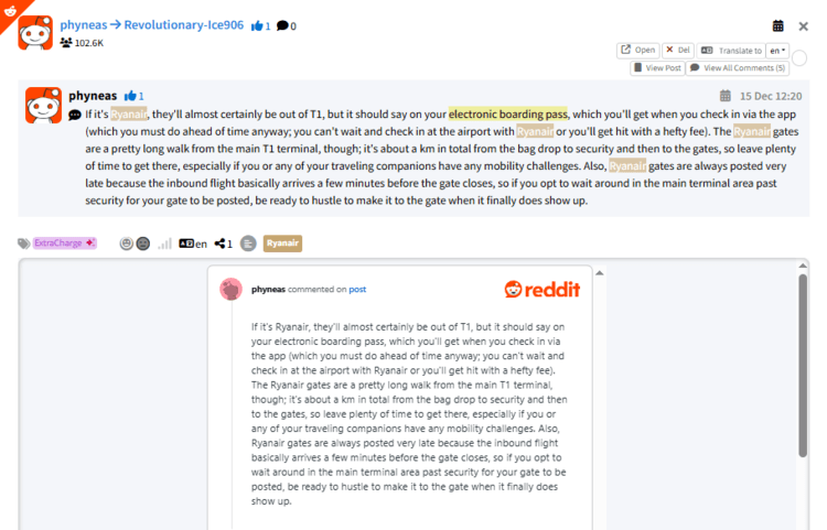 Screenshot of a Ryanair Reddit mention about electronic boarding passes