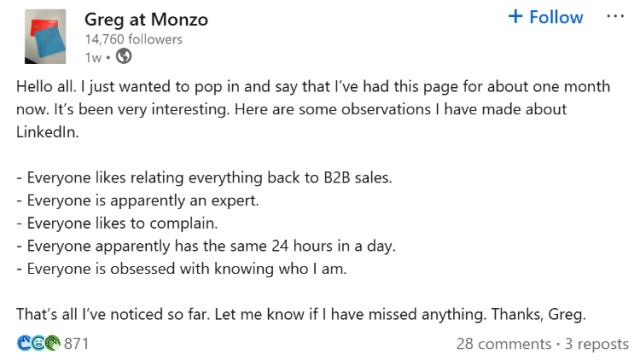 Example of Greg at Monzo post on LinkedIn