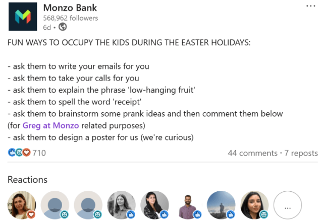 Example of a Monzo Bank post on LinkedIn
