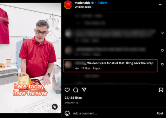 McDonald's Instagram Feedback in Comments