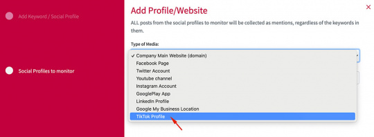 Add a TikTok profile from the Mention Tracker box.