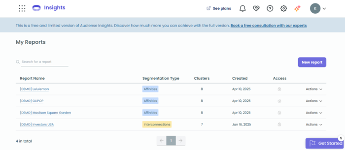 Screenshot of Audiense dashboard from our tests
