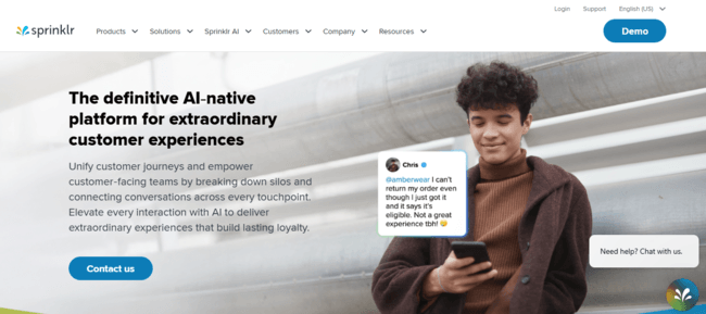 Screenshot of Sprinklr homepage