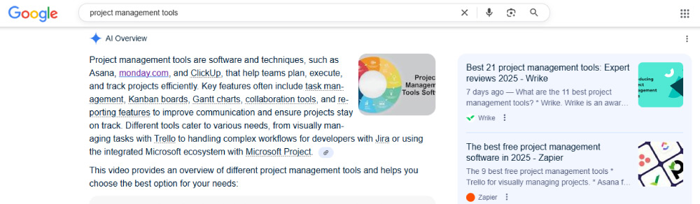 Screenshot of an AI Overview by Google about project management tools