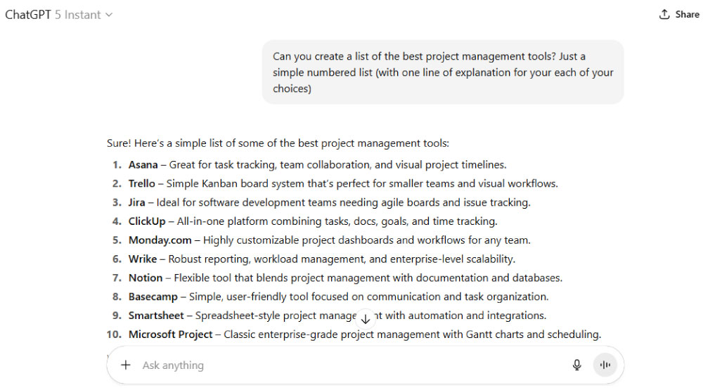 Screenshot of best project management tools answer by ChatGPT