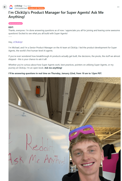 Example of an AMA session by ClickUp on Reddit
