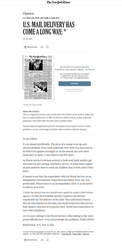 Screenshot of a letter to the editor published by the New York Times in the '80s