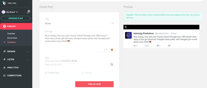 Screenshot of Sociality dashboard from our tests