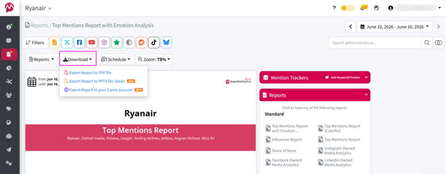 screenshot of download button in reports