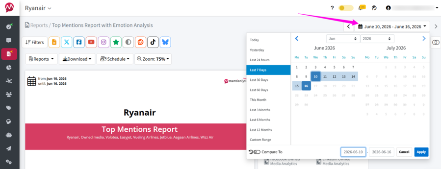 how to change timeframe in mentionlytics