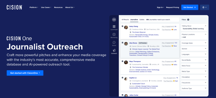 Screenshot of Cision Journalist Outreach Feature