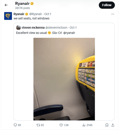 Screenshot of Ryanair's sarcastic reply on X