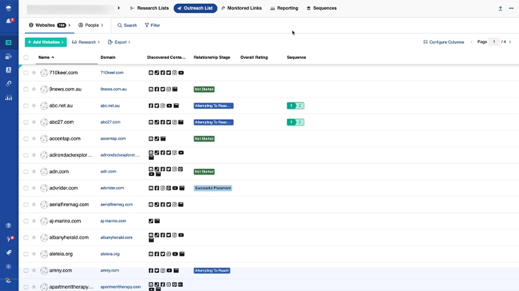 Screenshot of Buzzstream's PR tool interface