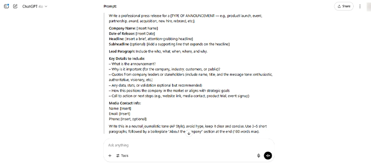 Example of ChatGPT press release prompt