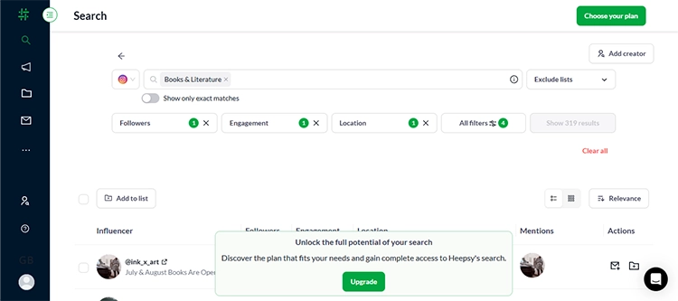 Screenshot of Heepsy interface