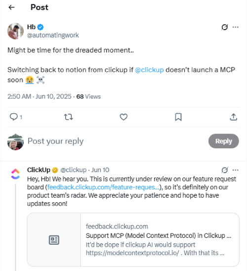 Example of ClickUp responding to customer feedback managing a potential PR crisis