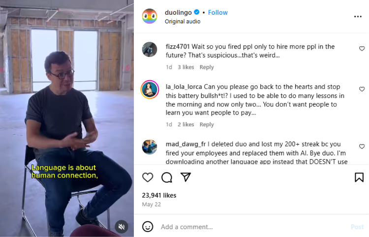 Duolingo CEO interview IG comments