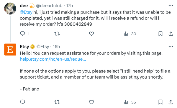 Engaging with customer on social media example_Etsy
