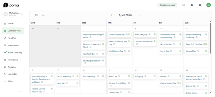 Screenshot of the Loomly dashboard from our tests