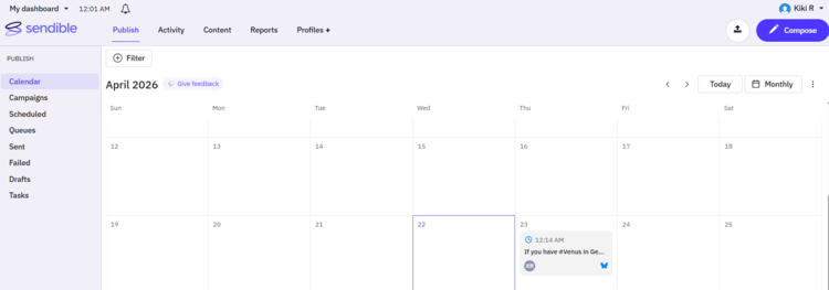 Screenshot for Sendible dashboard from our tests
