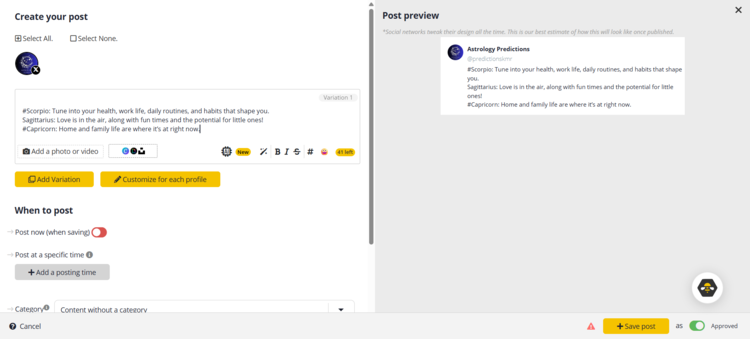Screenshot of SocialBee dashboard from our tests