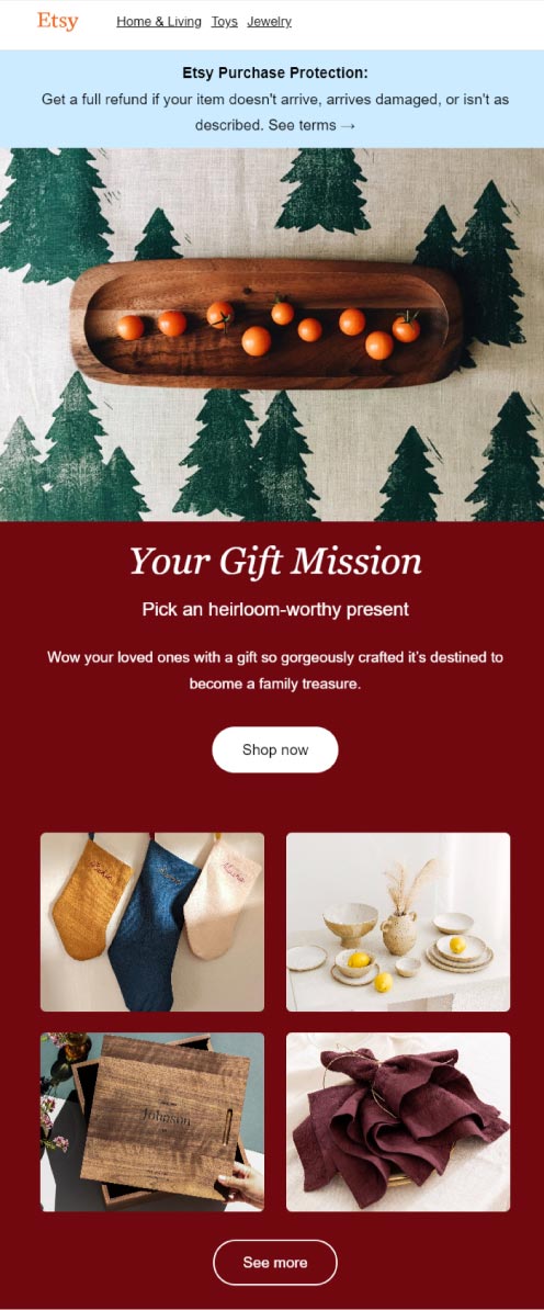 Example of Etsy email marketing for holidays