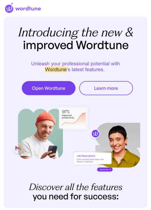 Sample of Wordtune's email marketing