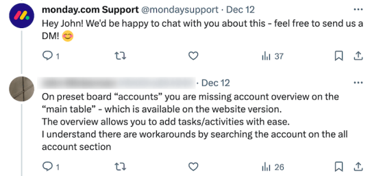 User feedback on Monday.com X account