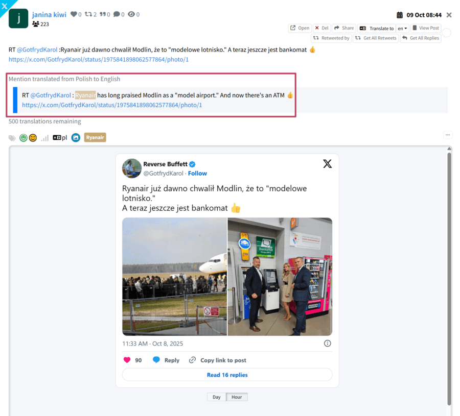 Screenshot of a mention translated with AI in Mentionlytics