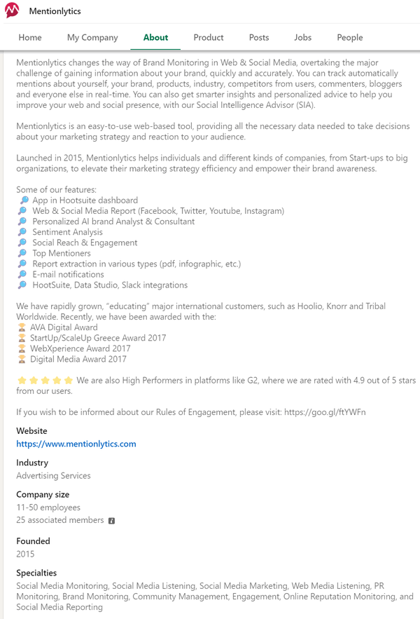 Mentionlytics About Page on LinkedIn