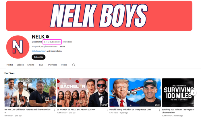 Screenshot of NELK YouTube channel 