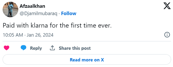 X post containing untagged mention of Klarna