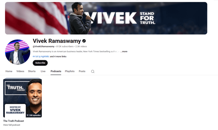 Screenshot of Vivek Ramaswamy Youtube channel