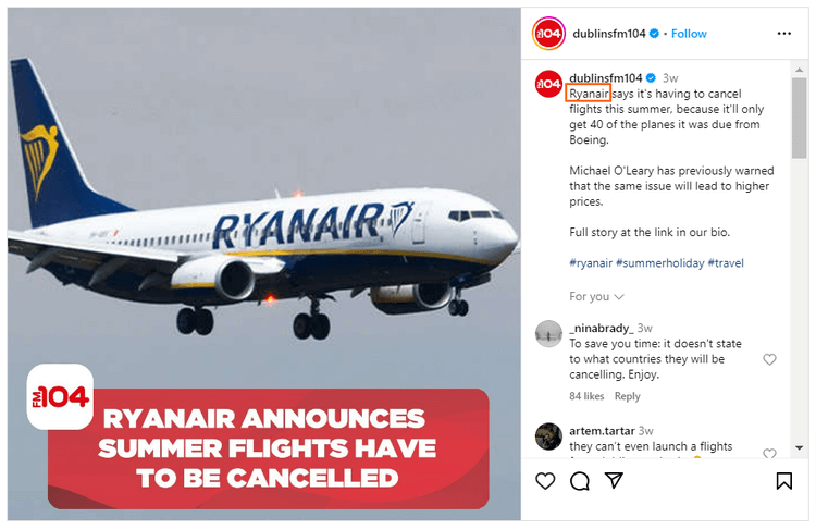 Example of utagged brand mention of Ryanair in dublinsfm104 Instagram Post
