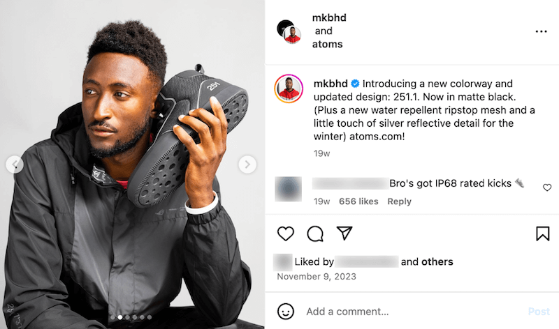 Marques Brownlee influencer partnership on Instagram with atoms