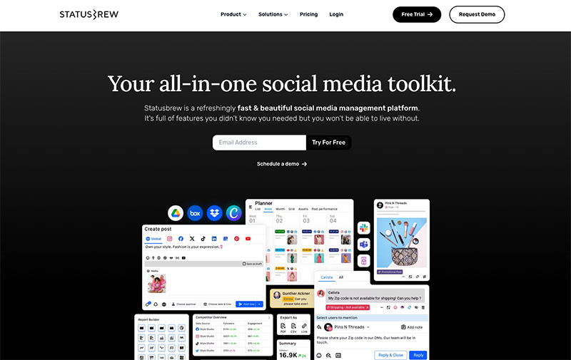 A screenshot of Statusbrew homepage.