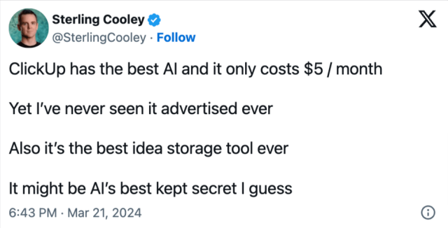 Positive x post about ClickUp