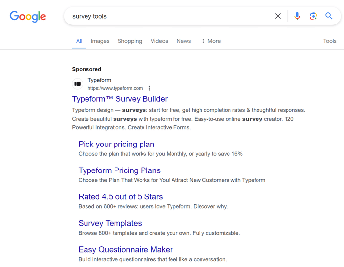 Example of Google Search Ads by Typeform