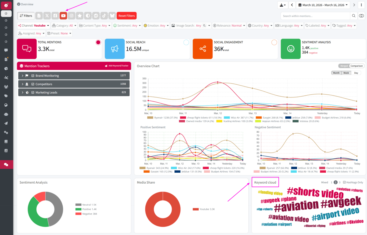 Screenshot of where to find the keyword cloud in Mentionlytics Overview Dashboard