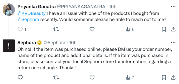 Example of Sephora responding to customer inquiries on X