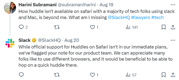 Example of Slack collecting customer feedback through social media