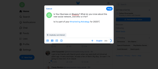 Example of how to create a post on Bluesky Social