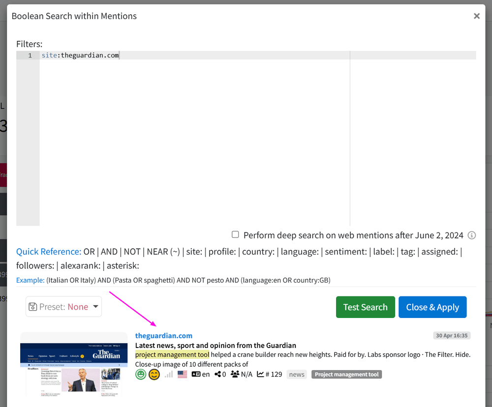 Example of boolean search for a specific website in Mentionlytics