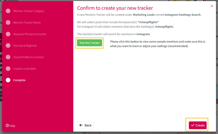 Completing the hashtag tracking setup process in Mentionlytics