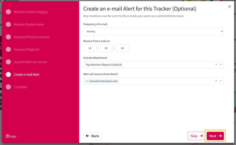 Email alert setup for a tracker in Mentionlytics
