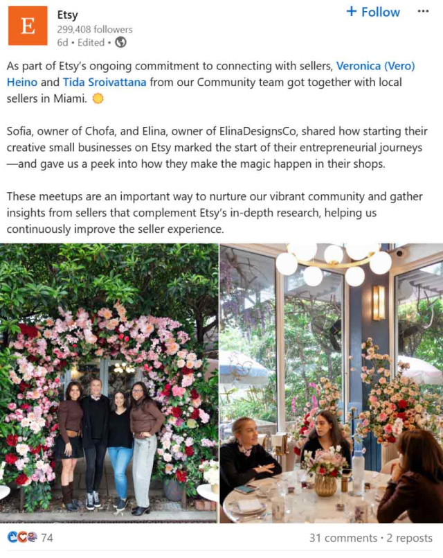 Example of Etsy's reputation marketing strategy sharing user experience on LinkedIn